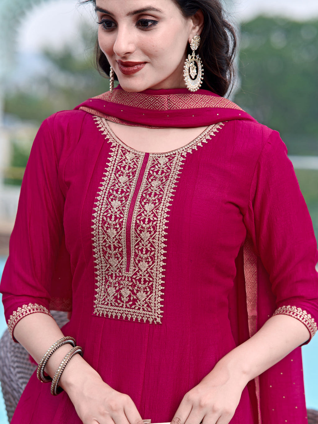 Anarkali Embroidered Kurta With Pant & Dupatta, Pink - Hiral Fashion - Distacart