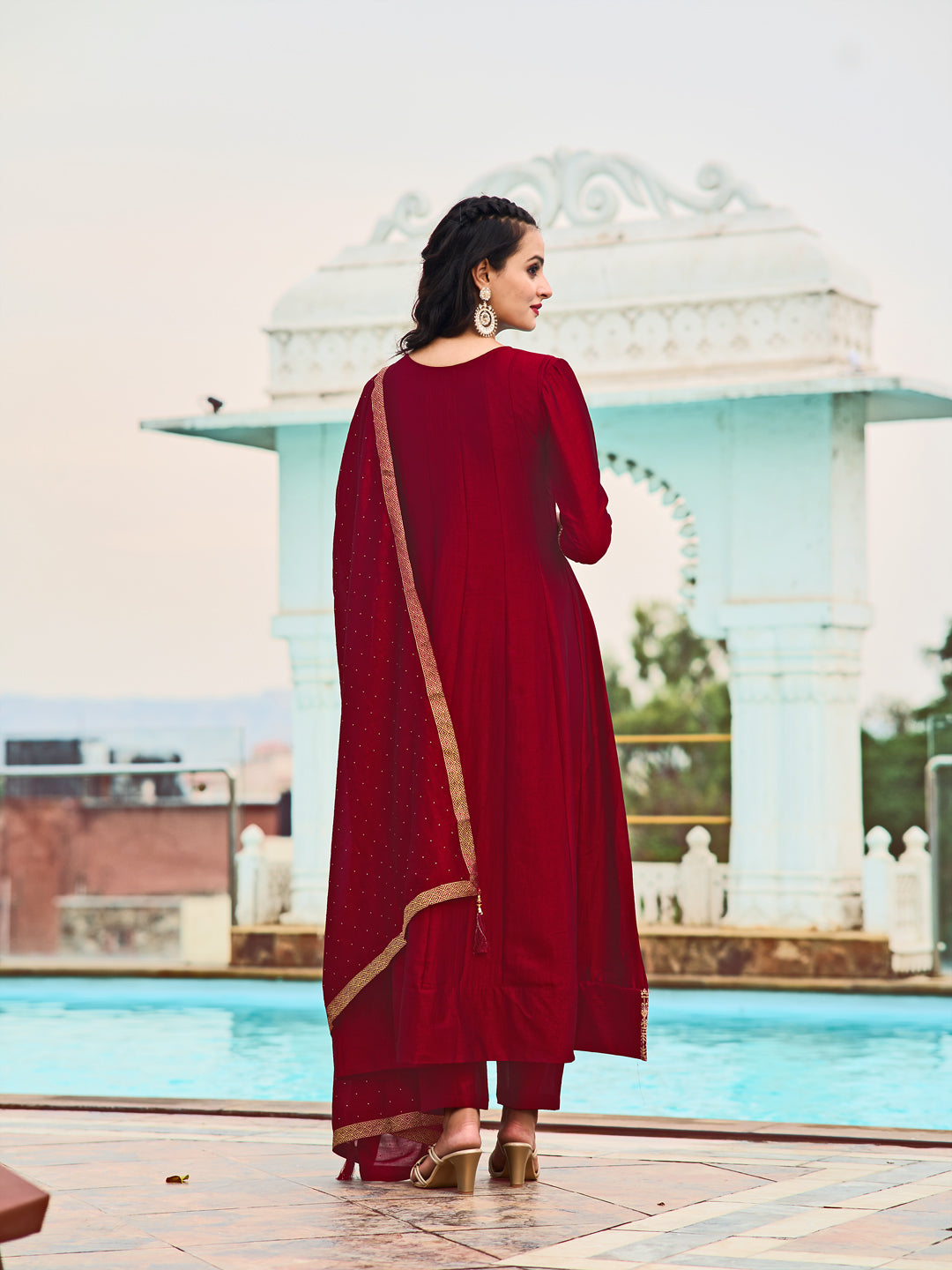 Anarkali Embroidered Kurta With Pant & Dupatta, Maroon - Hiral Fashion - Distacart