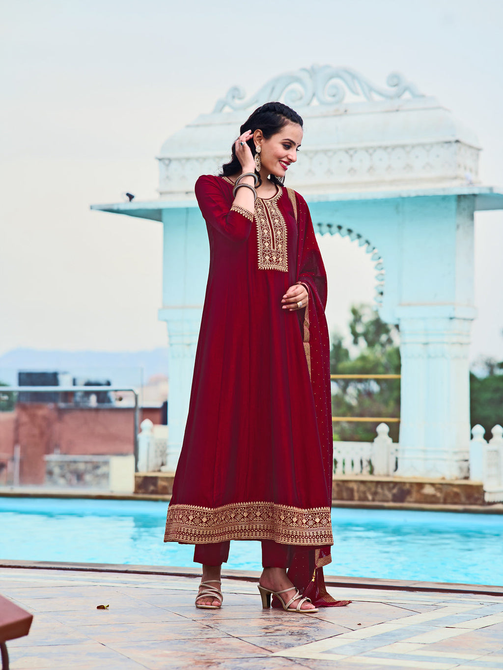 Anarkali Embroidered Kurta With Pant & Dupatta, Maroon - Hiral Fashion - Distacart