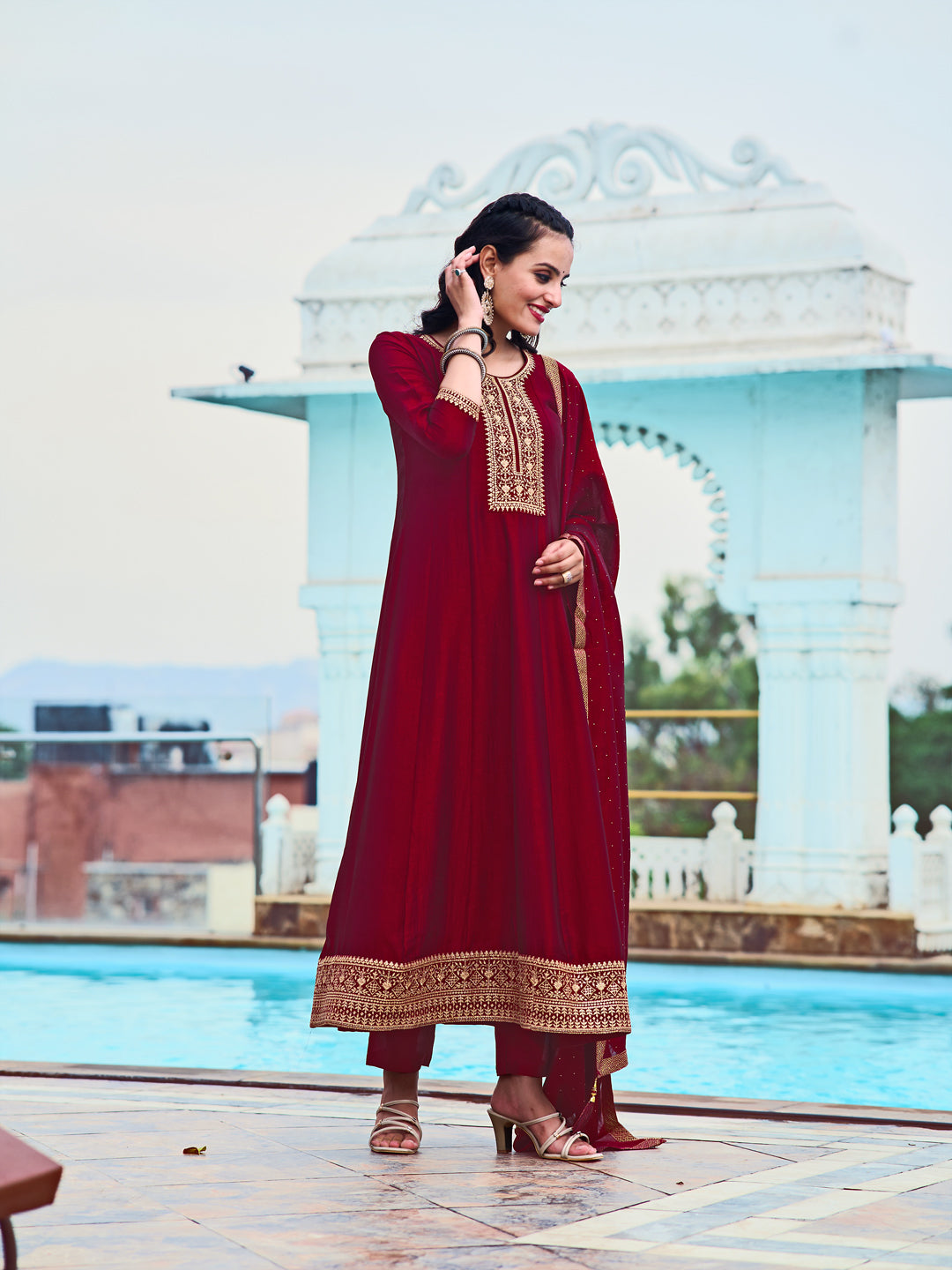Anarkali Embroidered Kurta With Pant & Dupatta, Maroon - Hiral Fashion - Distacart