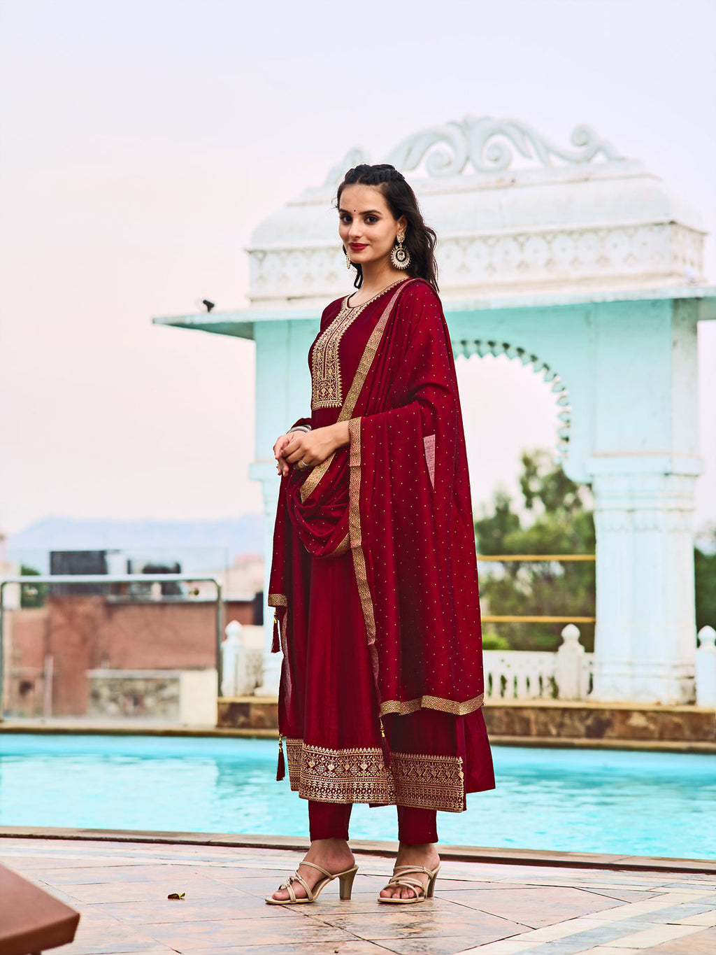 Anarkali Embroidered Kurta With Pant & Dupatta, Maroon - Hiral Fashion - Distacart
