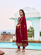Anarkali Embroidered Kurta With Pant & Dupatta, Maroon - Hiral Fashion - Distacart