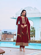 Anarkali Embroidered Kurta With Pant & Dupatta, Maroon - Hiral Fashion - Distacart