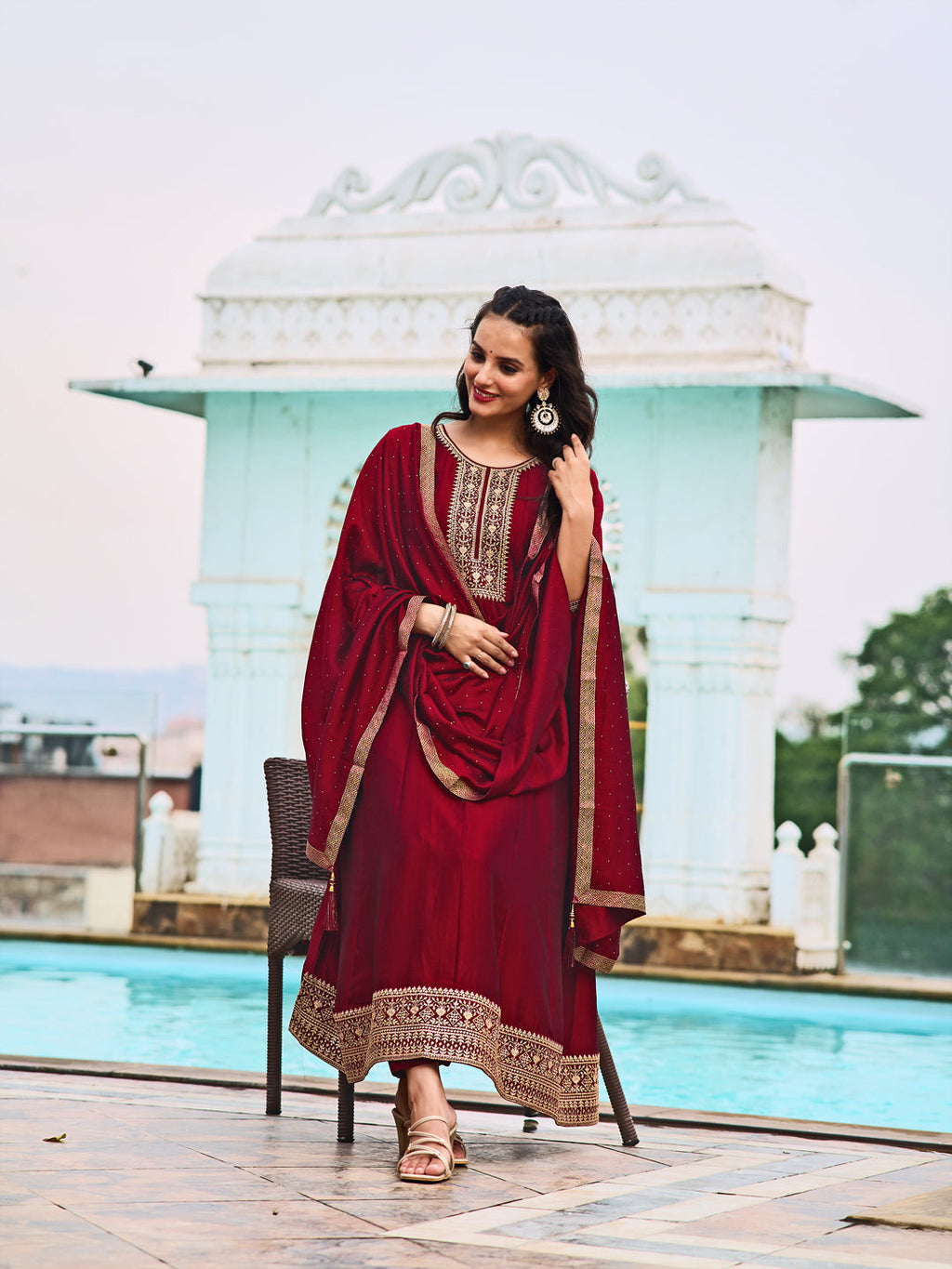 Anarkali Embroidered Kurta With Pant & Dupatta, Maroon - Hiral Fashion - Distacart