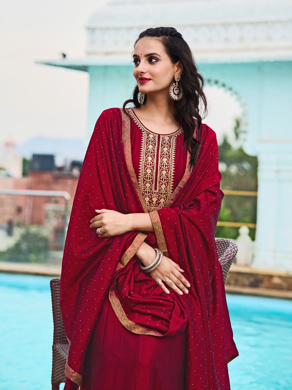 Anarkali Embroidered Kurta With Pant & Dupatta, Maroon - Hiral Fashion - Distacart