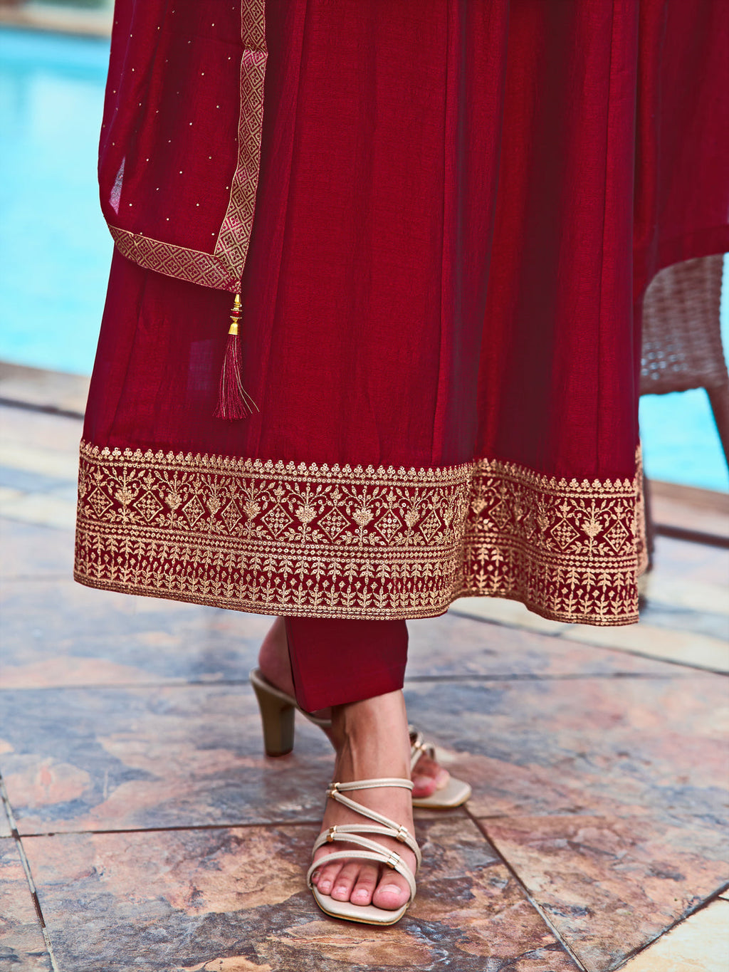 Anarkali Embroidered Kurta With Pant & Dupatta, Maroon - Hiral Fashion - Distacart