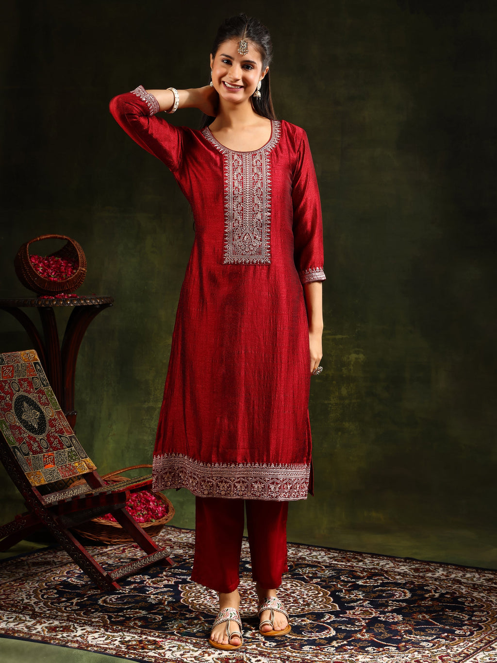 Sequined Embroidered Kurta With Pant & Embroidered Dupatta, Maroon - Hiral Fashion - Distacart