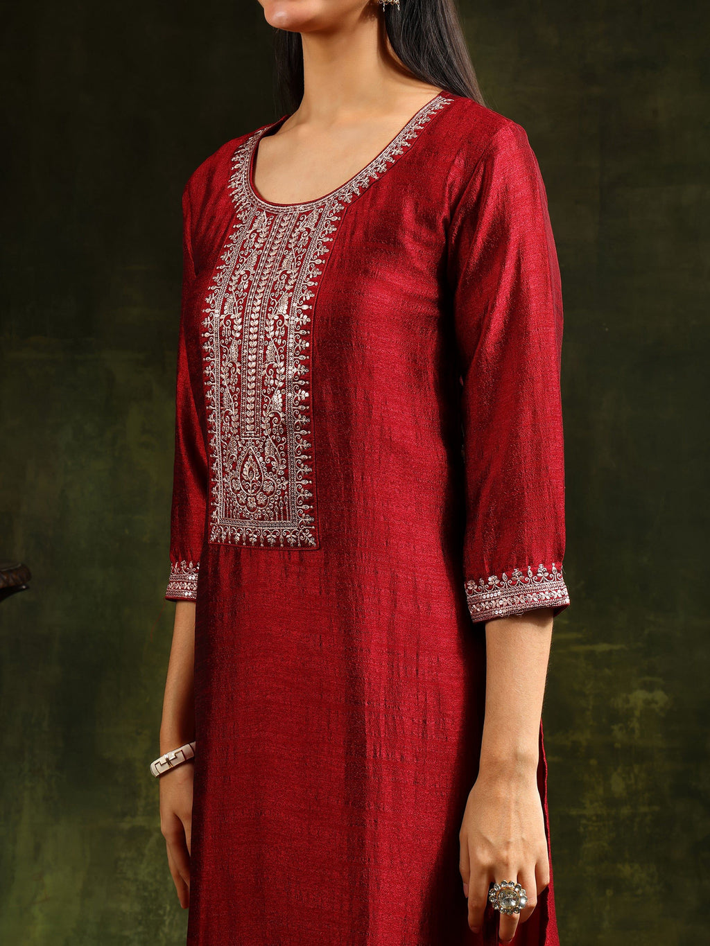 Sequined Embroidered Kurta With Pant & Embroidered Dupatta, Maroon - Hiral Fashion - Distacart
