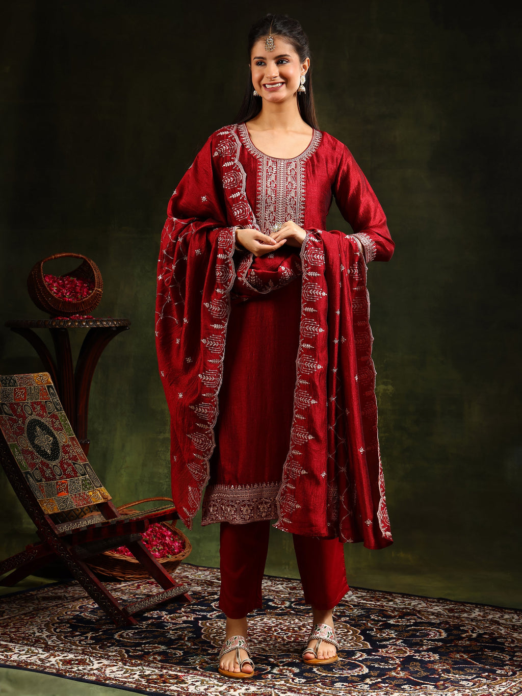 Sequined Embroidered Kurta With Pant & Embroidered Dupatta, Maroon - Hiral Fashion - Distacart