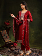 Sequined Embroidered Kurta With Pant & Embroidered Dupatta, Maroon - Hiral Fashion - Distacart
