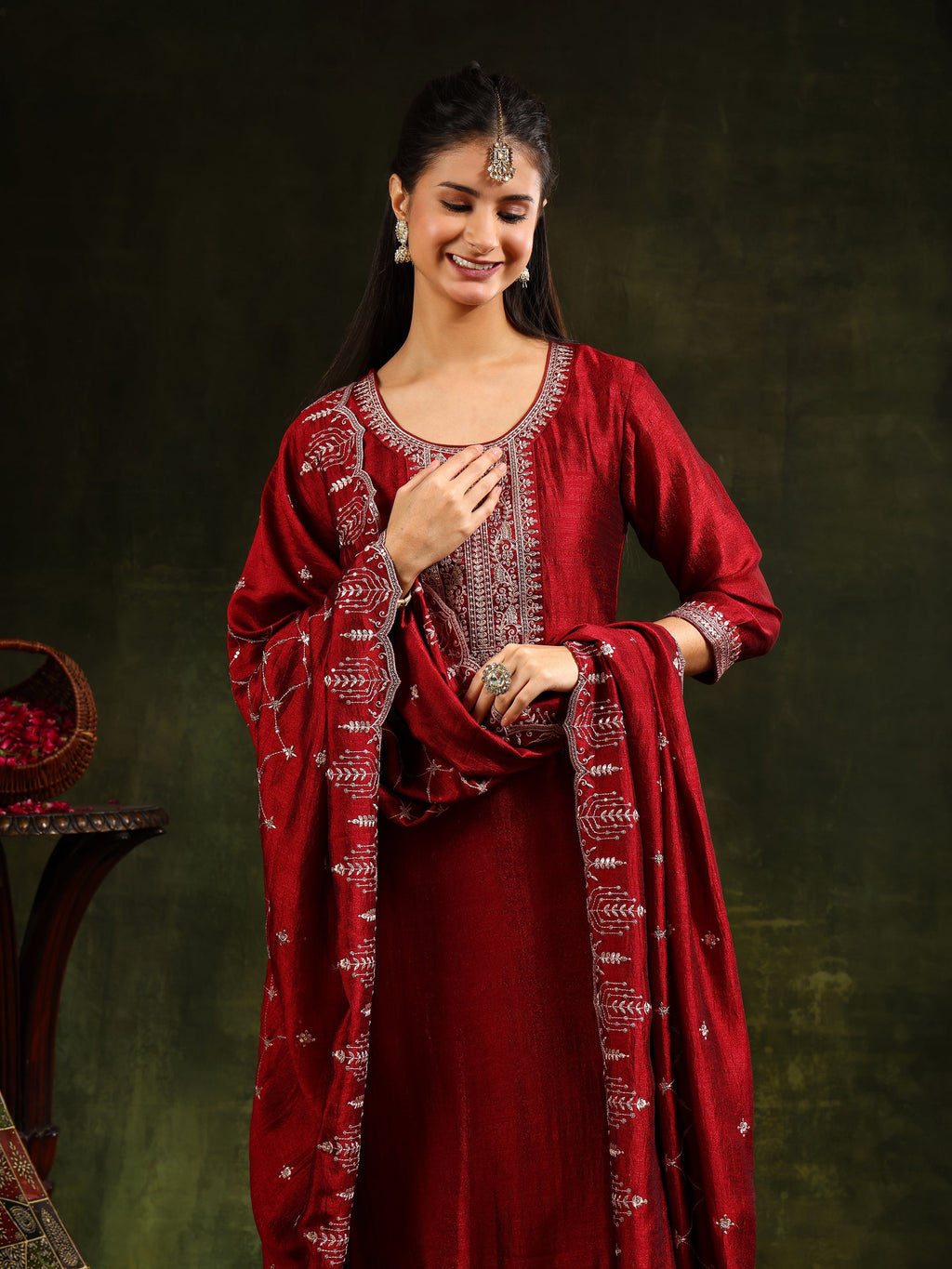 Sequined Embroidered Kurta With Pant & Embroidered Dupatta, Maroon - Hiral Fashion - Distacart
