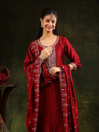 Sequined Embroidered Kurta With Pant & Embroidered Dupatta, Maroon - Hiral Fashion - Distacart