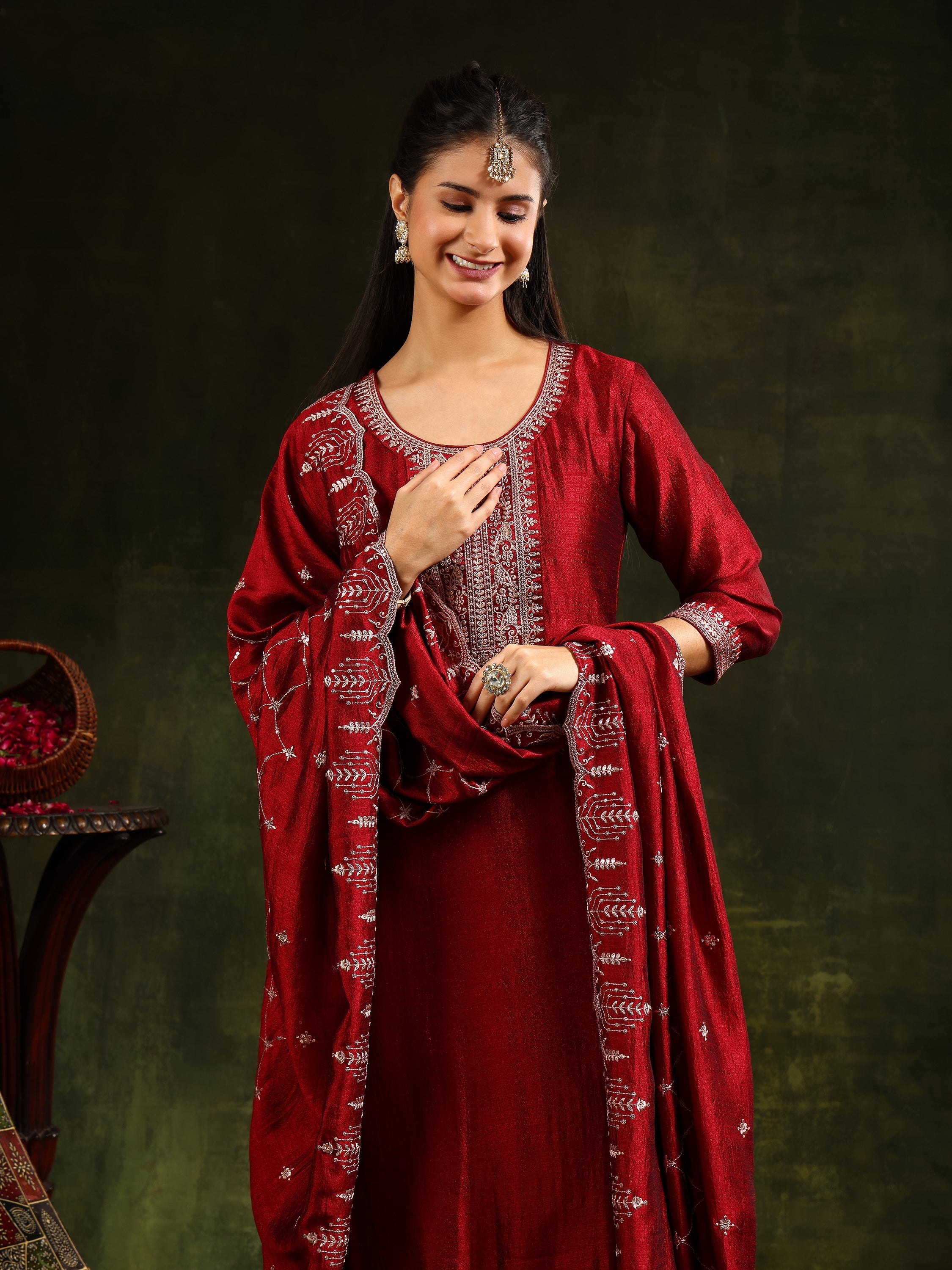 Sequined Embroidered Kurta With Pant & Embroidered Dupatta, Maroon - Hiral Fashion - Distacart