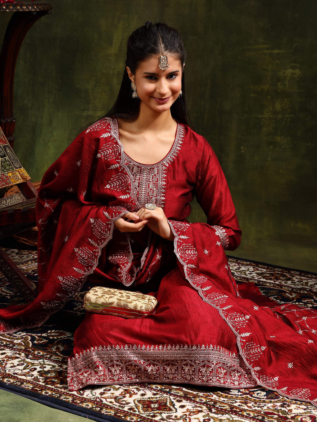 Sequined Embroidered Kurta With Pant & Embroidered Dupatta, Maroon - Hiral Fashion - Distacart
