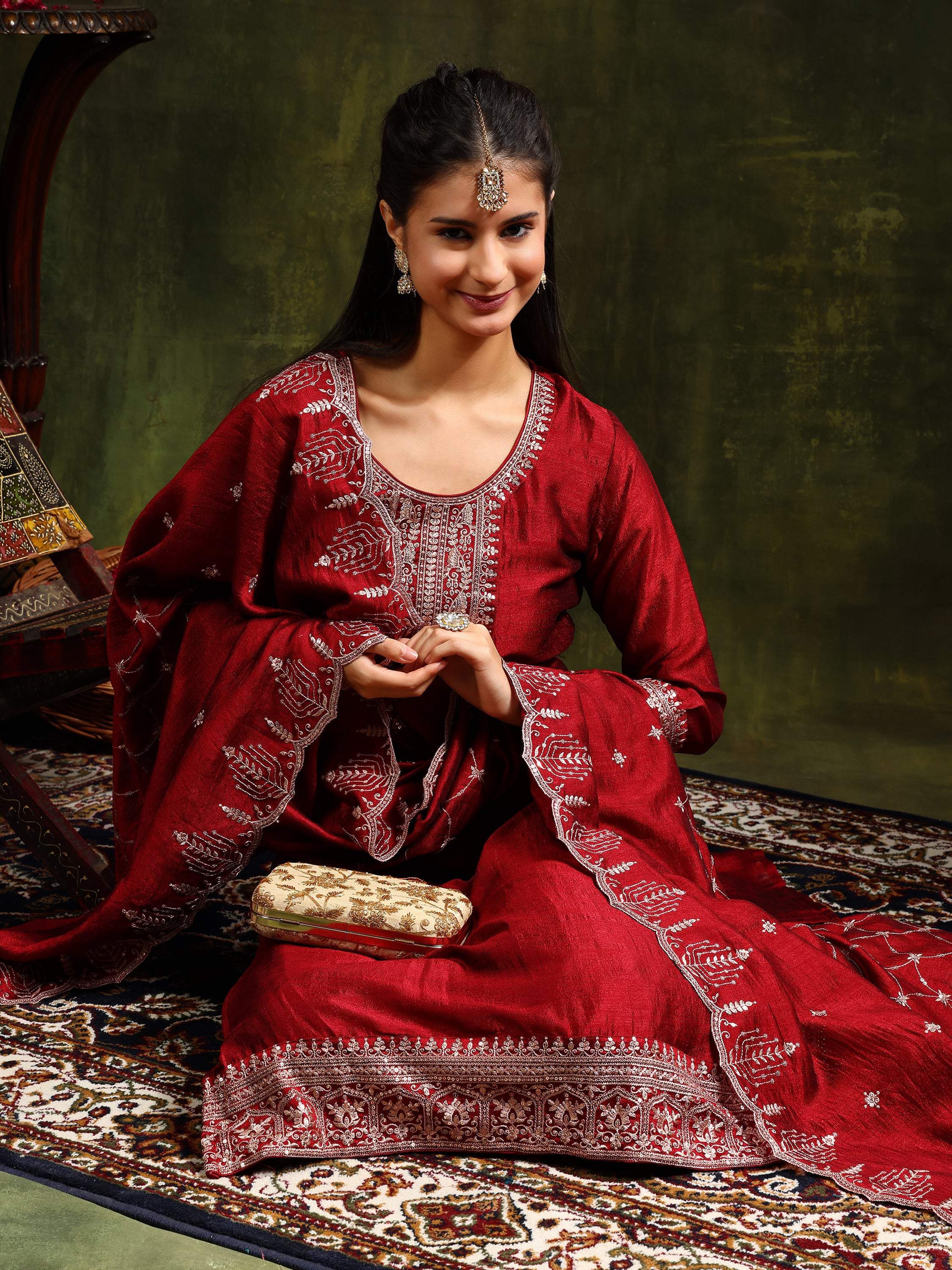 Sequined Embroidered Kurta With Pant & Embroidered Dupatta, Maroon - Hiral Fashion - Distacart