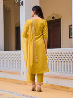 Embroidered Kurta With Pant & Embroidered Dupatta, Mustard - Hiral Fashion - Distacart