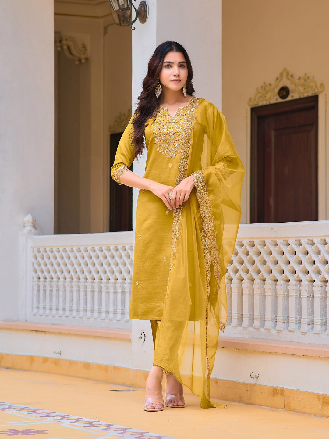 Embroidered Kurta With Pant & Embroidered Dupatta, Mustard - Hiral Fashion - Distacart