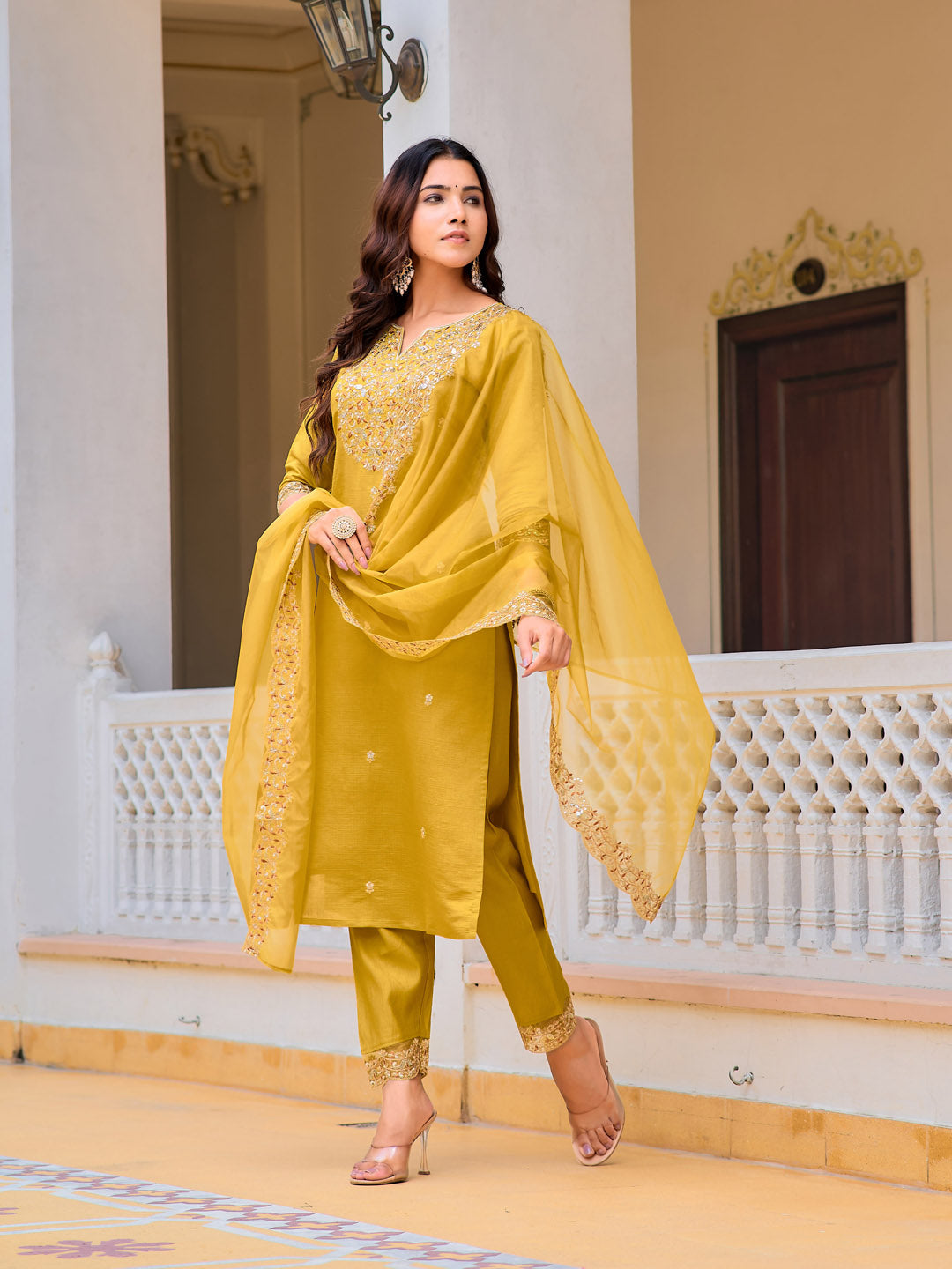Embroidered Kurta With Pant & Embroidered Dupatta, Mustard - Hiral Fashion - Distacart