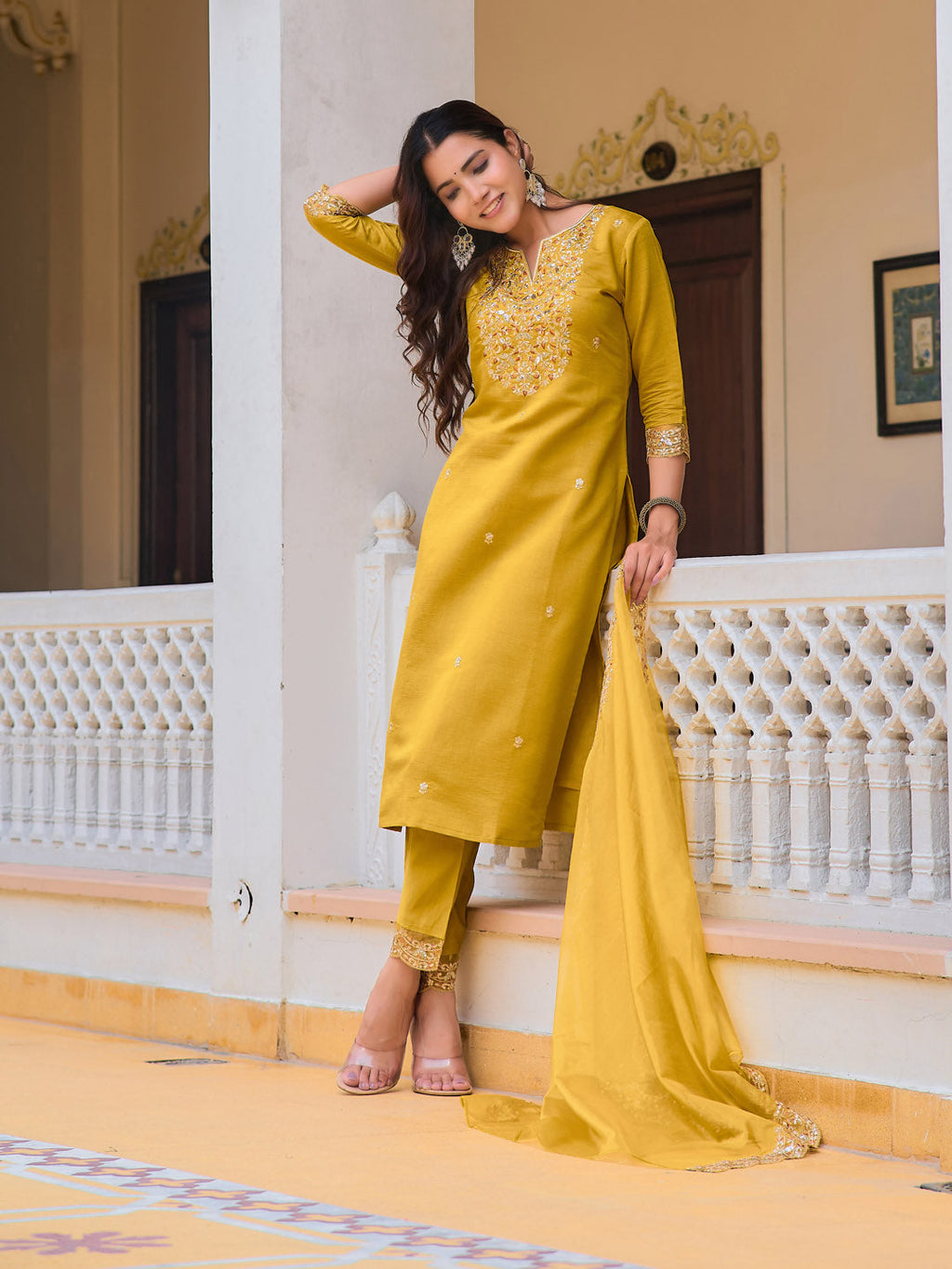 Embroidered Kurta With Pant & Embroidered Dupatta, Mustard - Hiral Fashion - Distacart