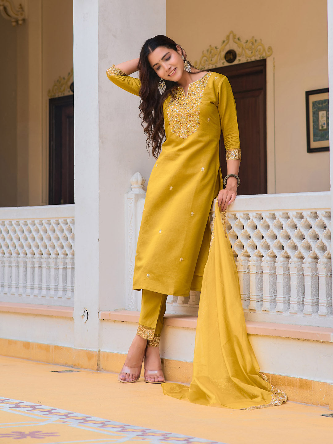 Embroidered Kurta With Pant & Embroidered Dupatta, Mustard - Hiral Fashion - Distacart