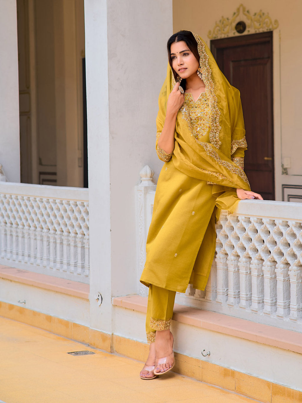 Embroidered Kurta With Pant & Embroidered Dupatta, Mustard - Hiral Fashion - Distacart