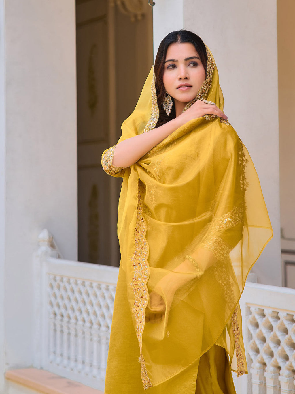 Embroidered Kurta With Pant & Embroidered Dupatta, Mustard - Hiral Fashion - Distacart