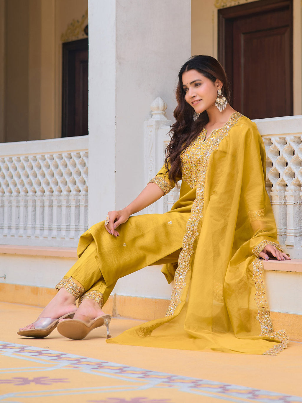 Embroidered Kurta With Pant & Embroidered Dupatta, Mustard - Hiral Fashion - Distacart