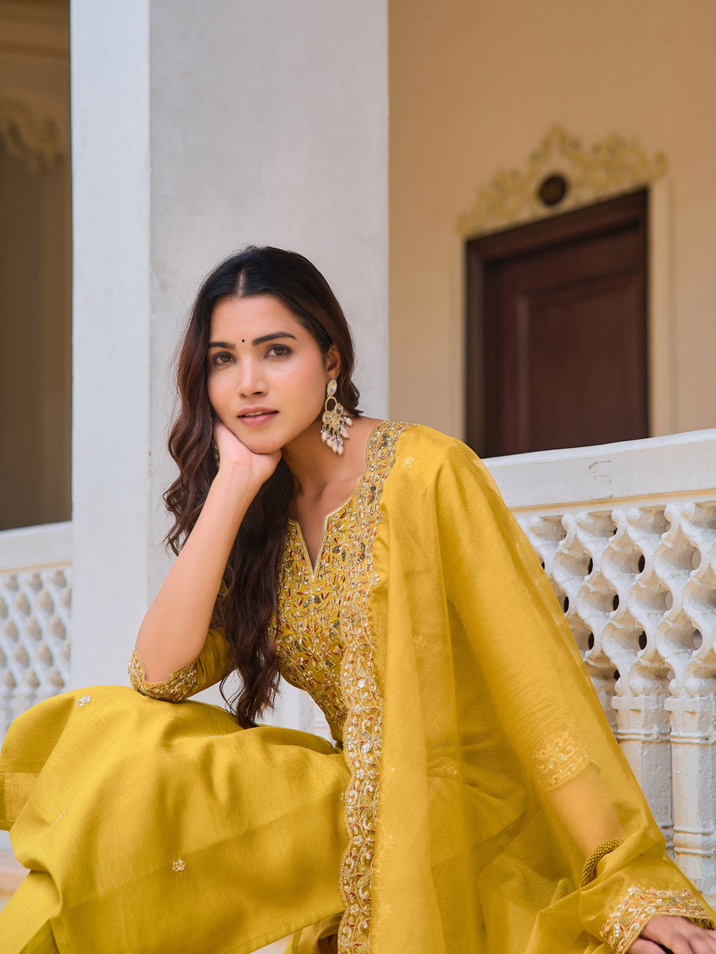 Embroidered Kurta With Pant & Embroidered Dupatta, Mustard - Hiral Fashion - Distacart