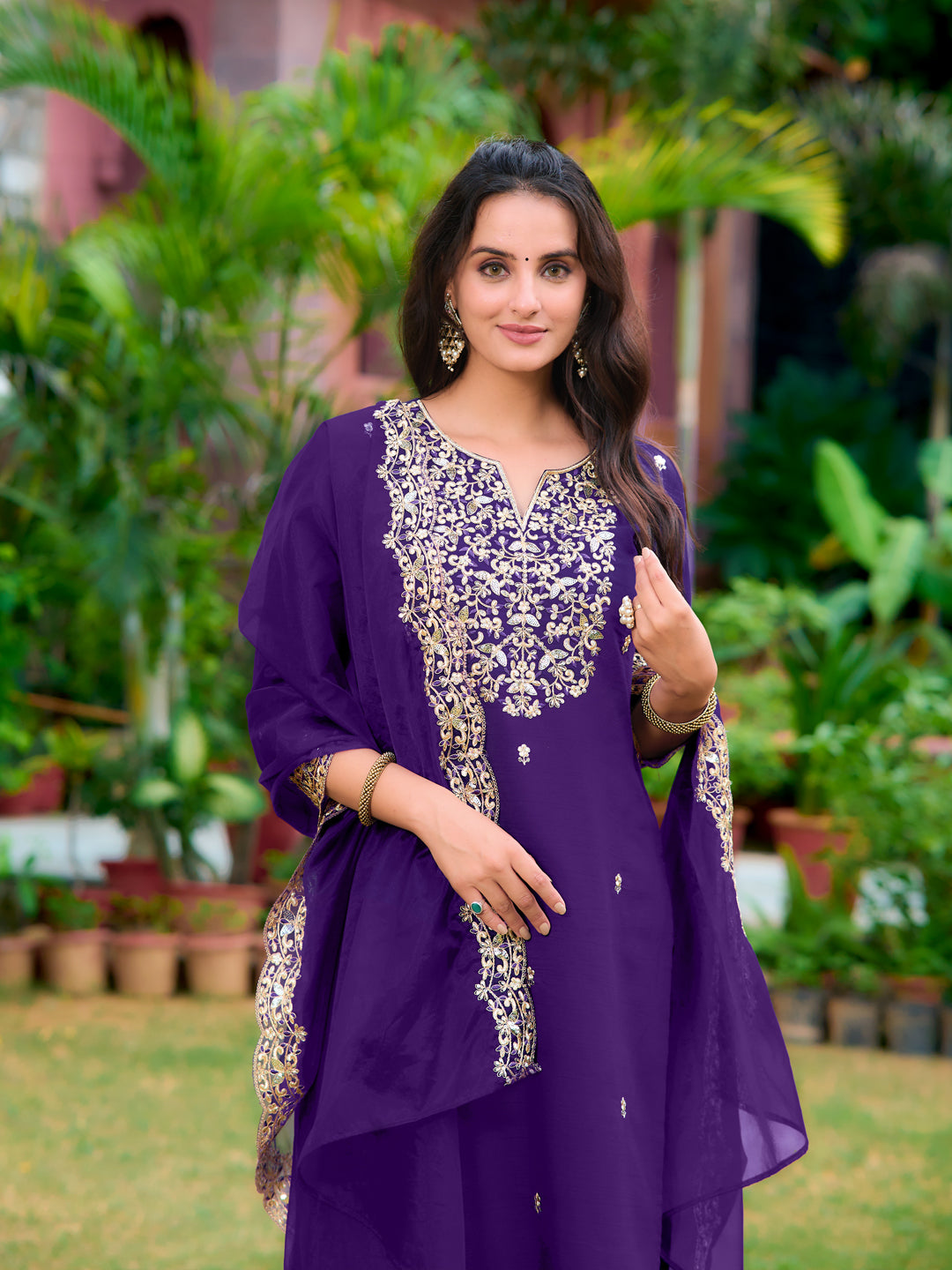 Embroidered Kurta With Pant & Embroidered Dupatta, Purple - Hiral Fashion - Distacart