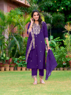 Embroidered Kurta With Pant & Embroidered Dupatta, Purple - Hiral Fashion - Distacart