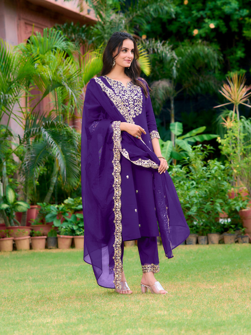 Embroidered Kurta With Pant & Embroidered Dupatta, Purple - Hiral Fashion - Distacart