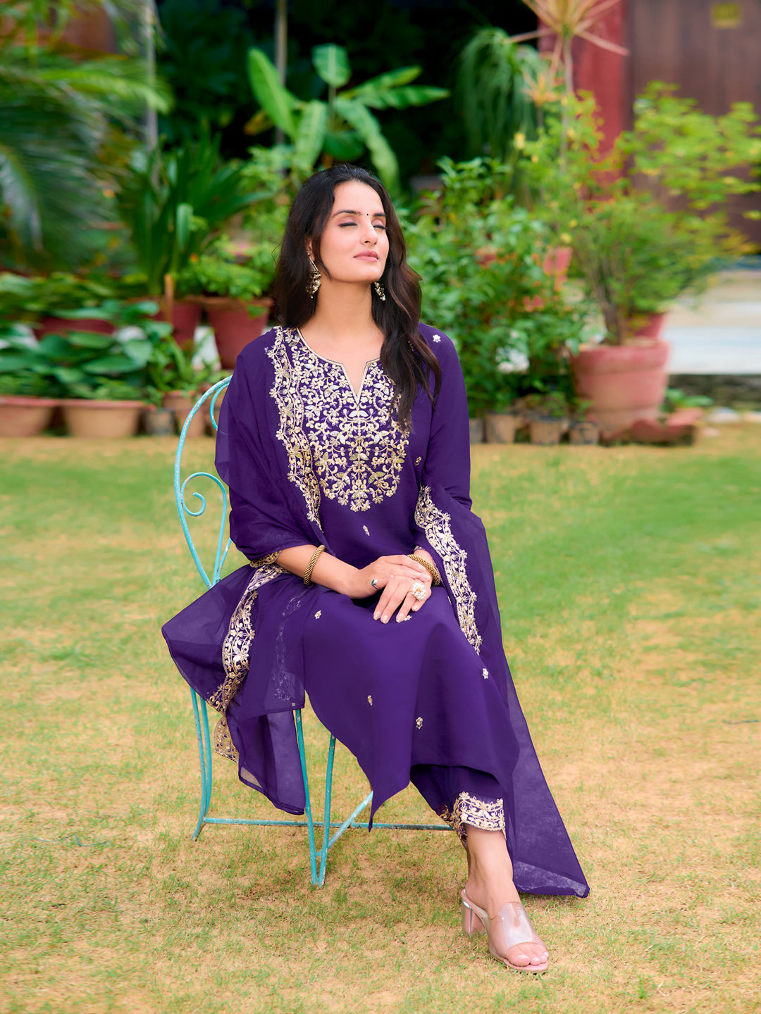 Embroidered Kurta With Pant & Embroidered Dupatta, Purple - Hiral Fashion - Distacart
