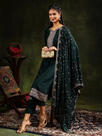 Sequined Embroidered Kurta With Pant & Embroidered Dupatta, Green - Hiral Fashion - Distacart