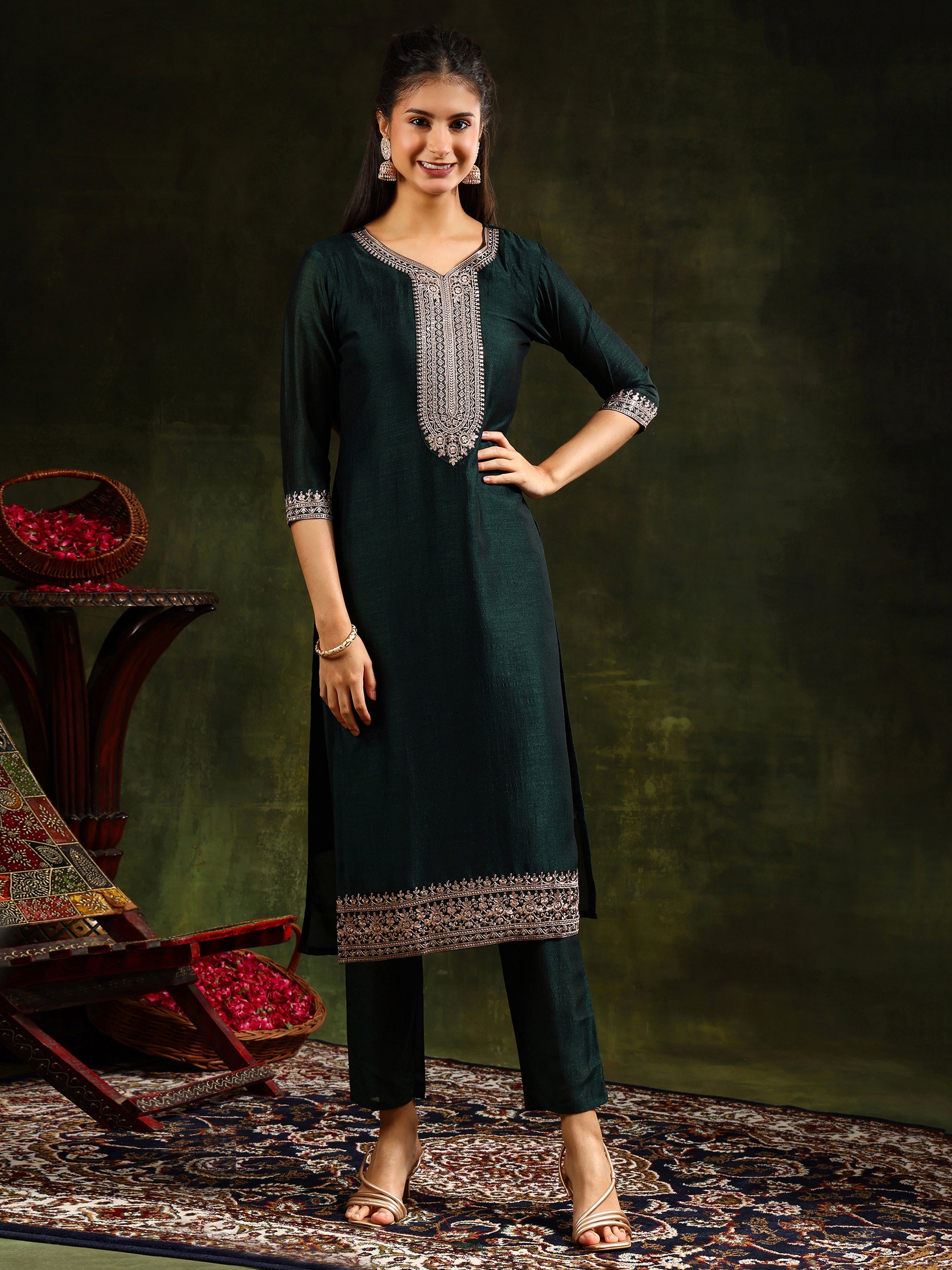 Sequined Embroidered Kurta With Pant & Embroidered Dupatta, Green - Hiral Fashion - Distacart