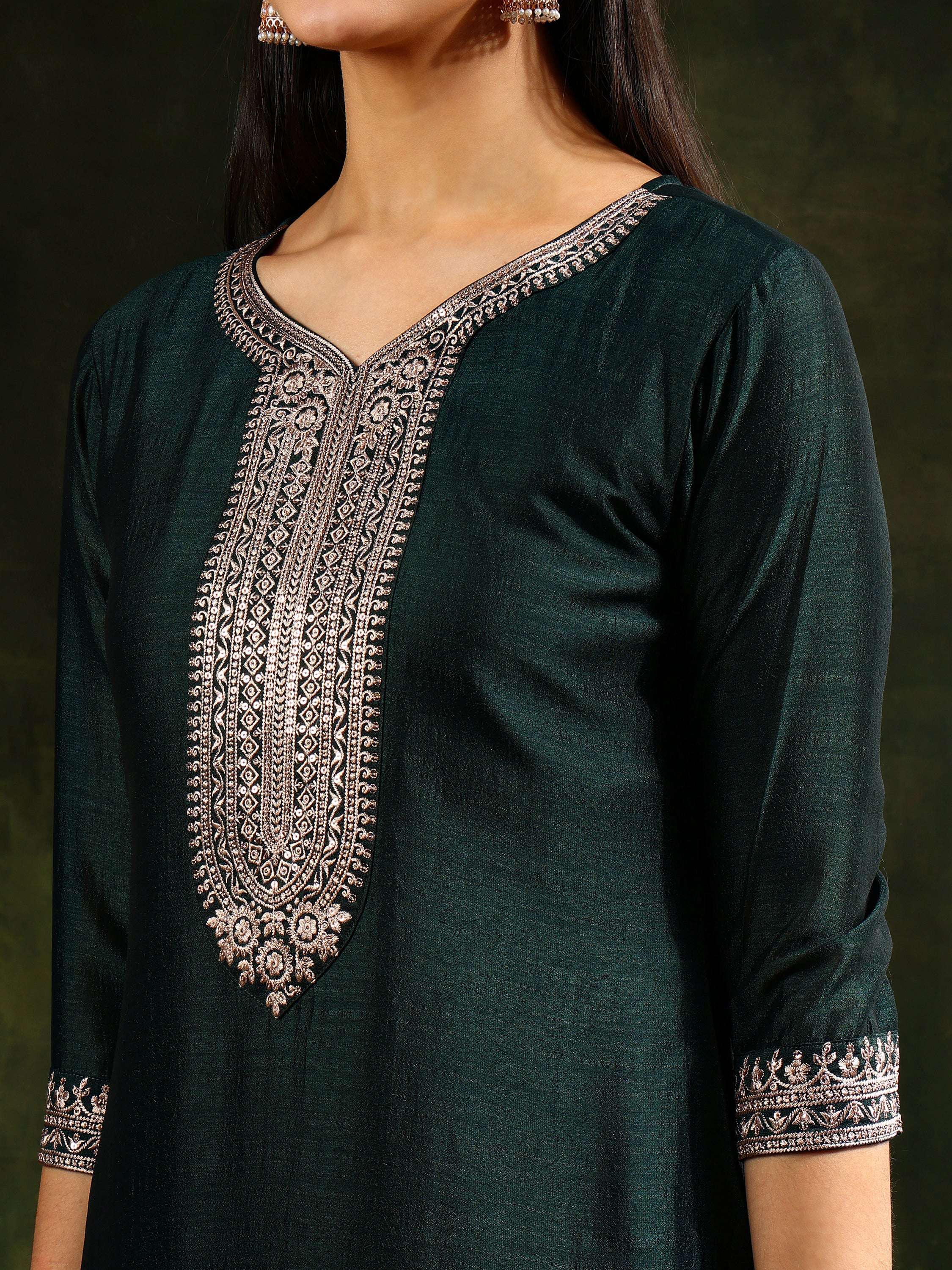 Sequined Embroidered Kurta With Pant & Embroidered Dupatta, Green - Hiral Fashion - Distacart