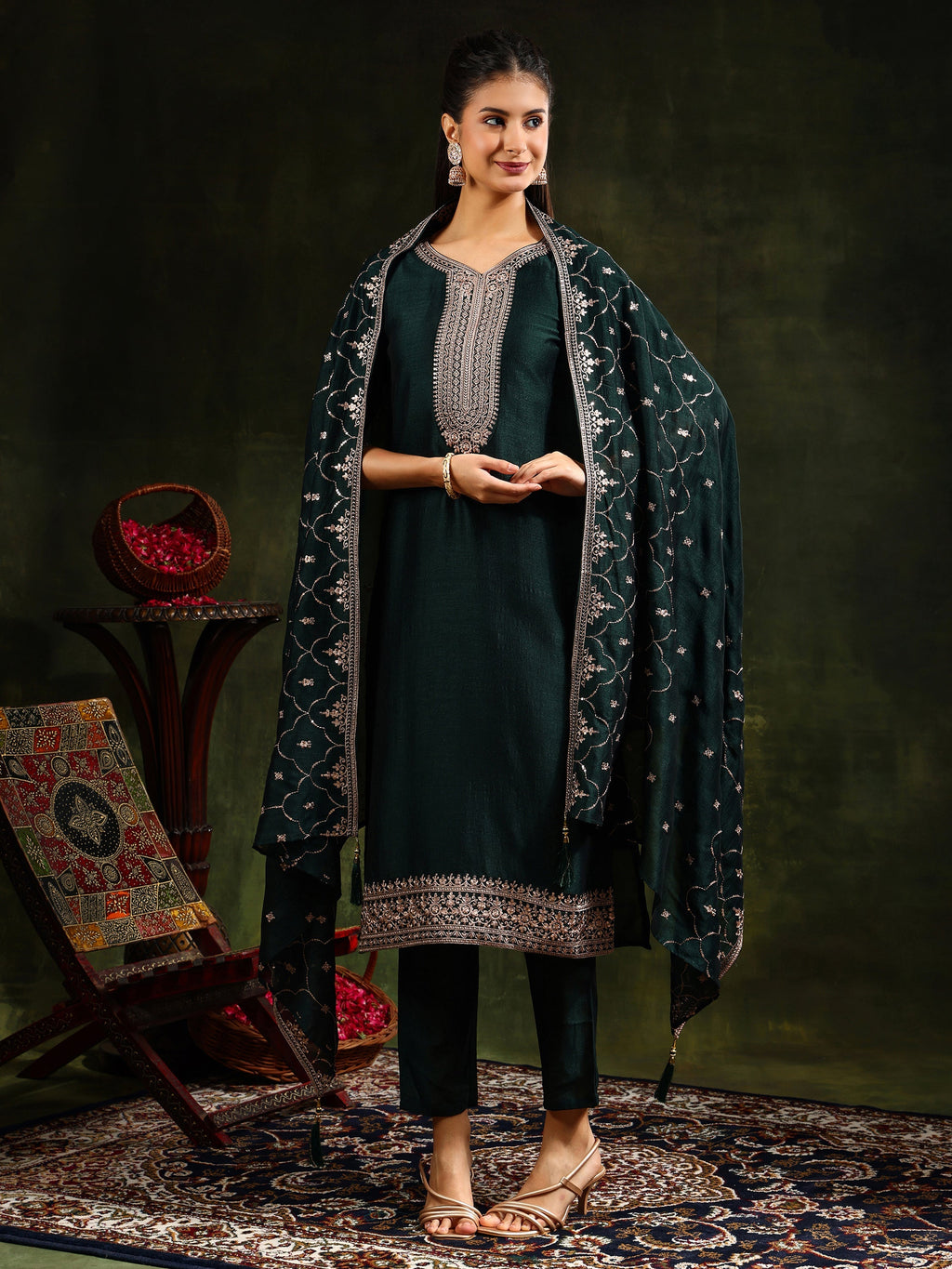 Sequined Embroidered Kurta With Pant & Embroidered Dupatta, Green - Hiral Fashion - Distacart