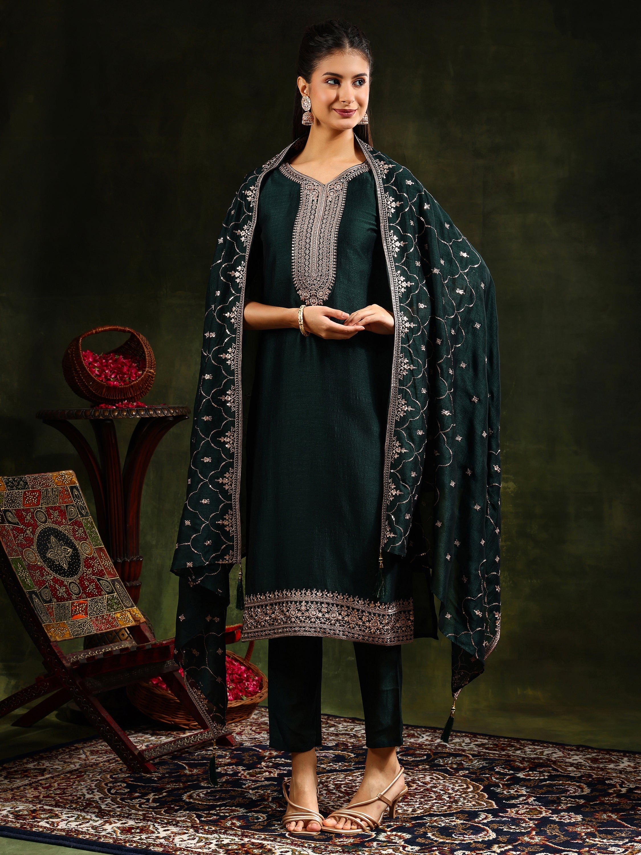 Sequined Embroidered Kurta With Pant & Embroidered Dupatta, Green - Hiral Fashion - Distacart