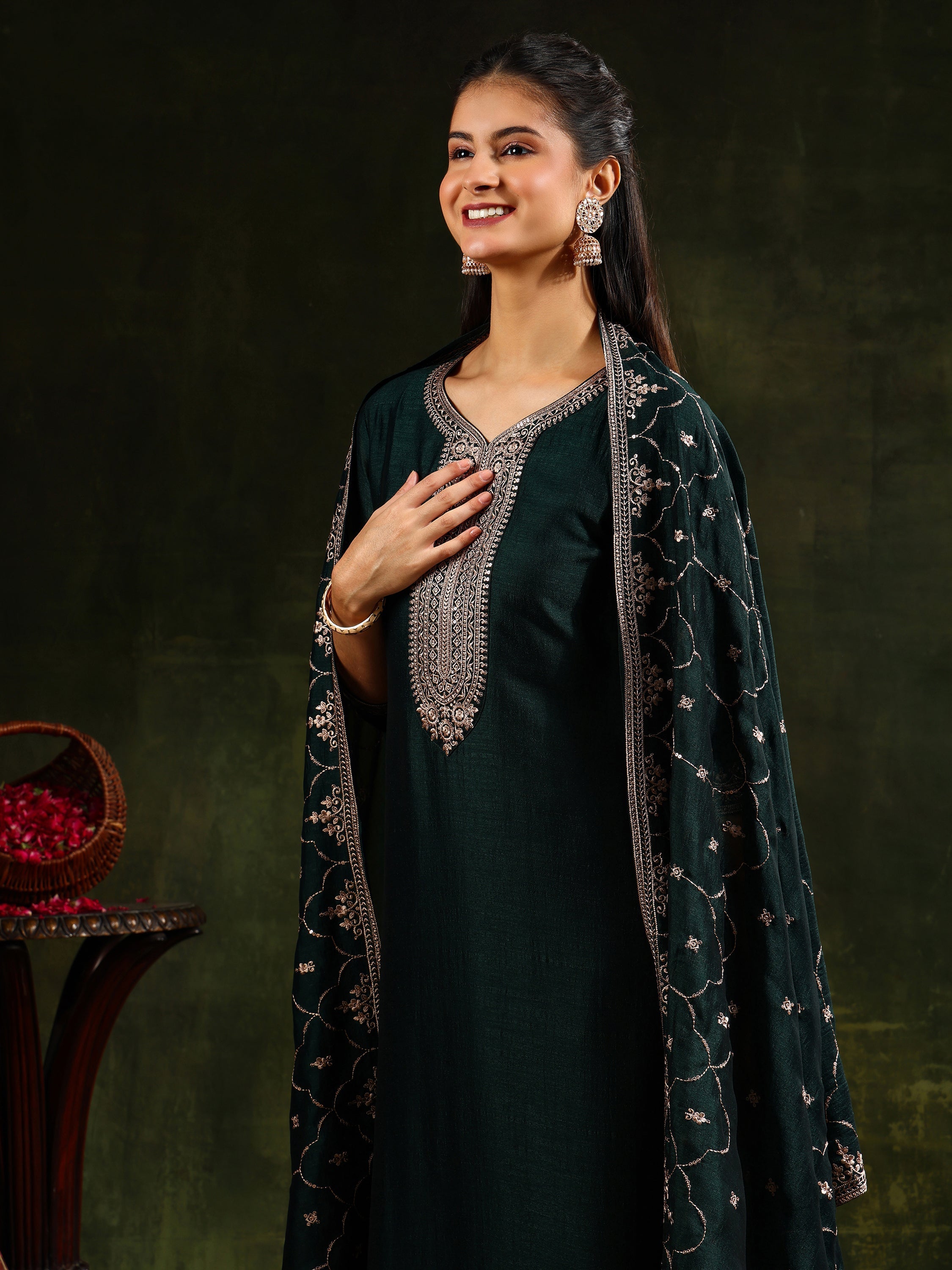 Sequined Embroidered Kurta With Pant & Embroidered Dupatta, Green - Hiral Fashion - Distacart