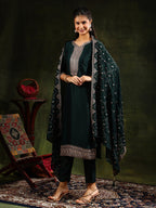 Sequined Embroidered Kurta With Pant & Embroidered Dupatta, Green - Hiral Fashion - Distacart