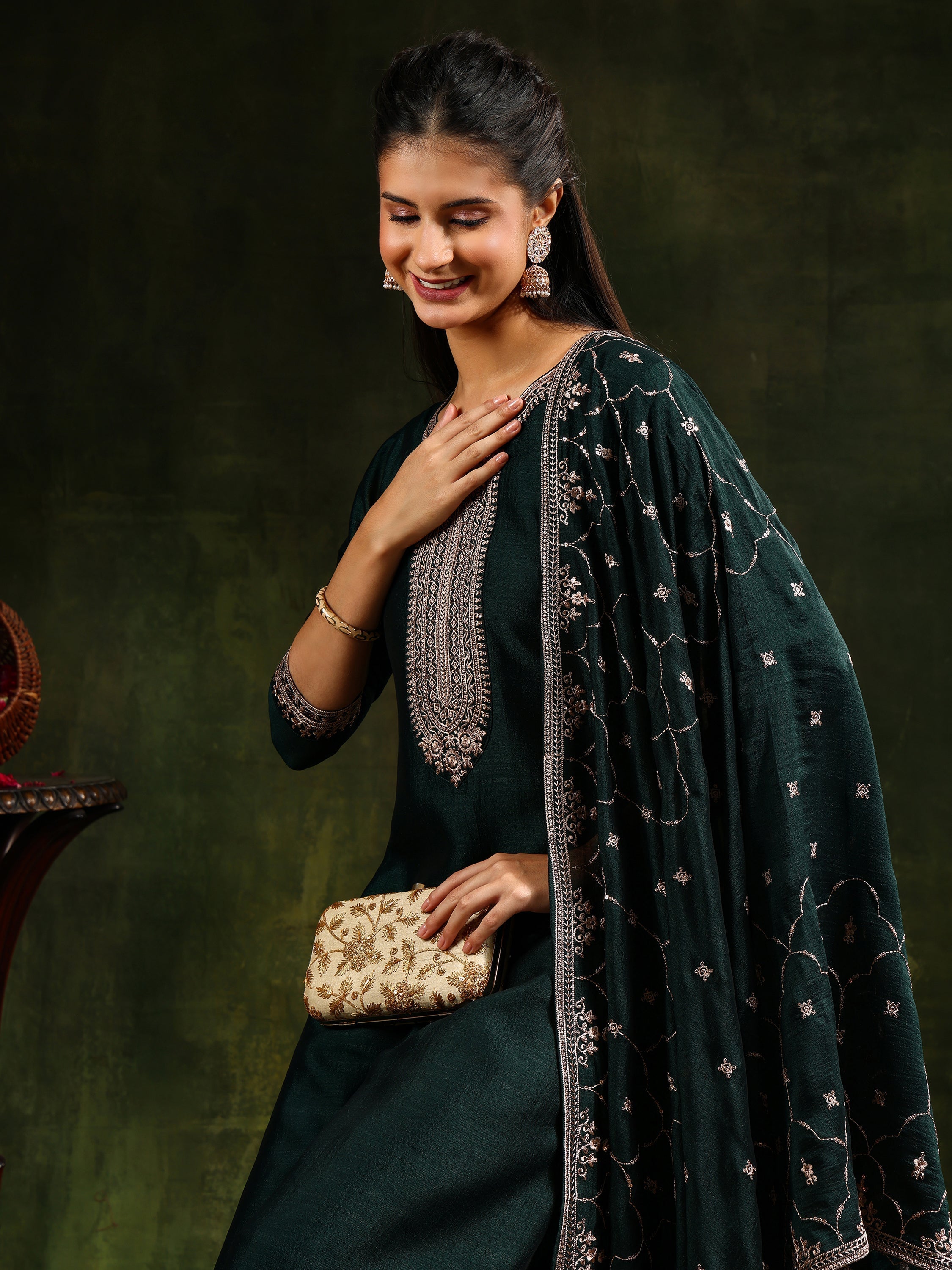 Sequined Embroidered Kurta With Pant & Embroidered Dupatta, Green - Hiral Fashion - Distacart