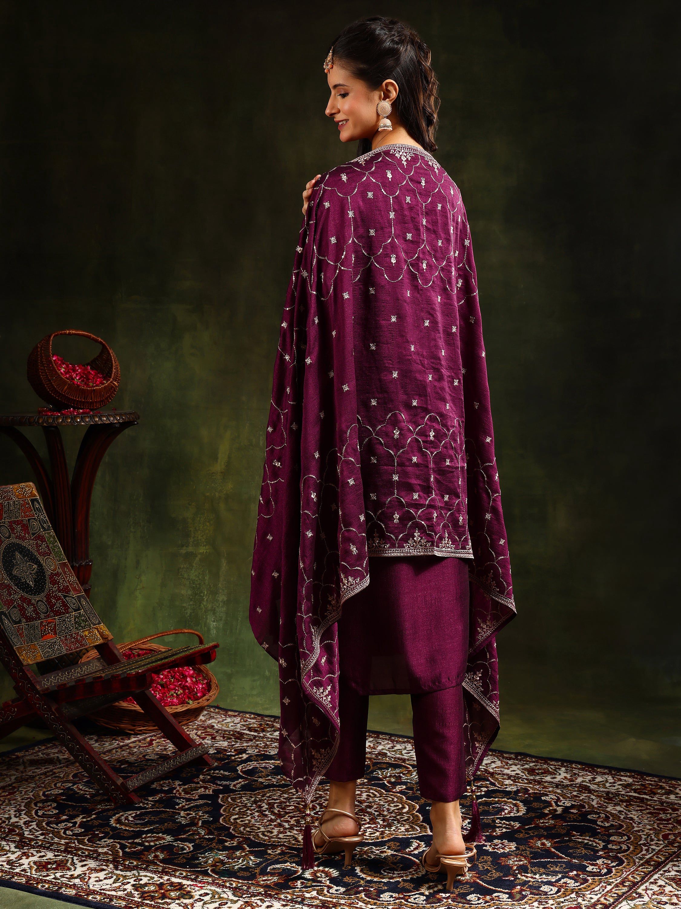 Sequined Embroidered Kurta With Pant & Embroidered Dupatta, Purple - Hiral Fashion - Distacart