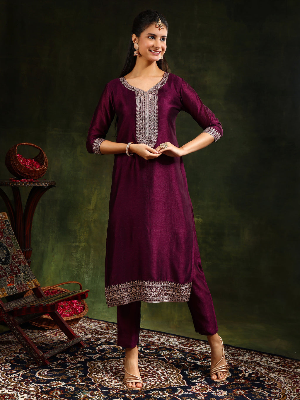 Sequined Embroidered Kurta With Pant & Embroidered Dupatta, Purple - Hiral Fashion - Distacart