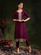 Sequined Embroidered Kurta With Pant & Embroidered Dupatta, Purple - Hiral Fashion - Distacart