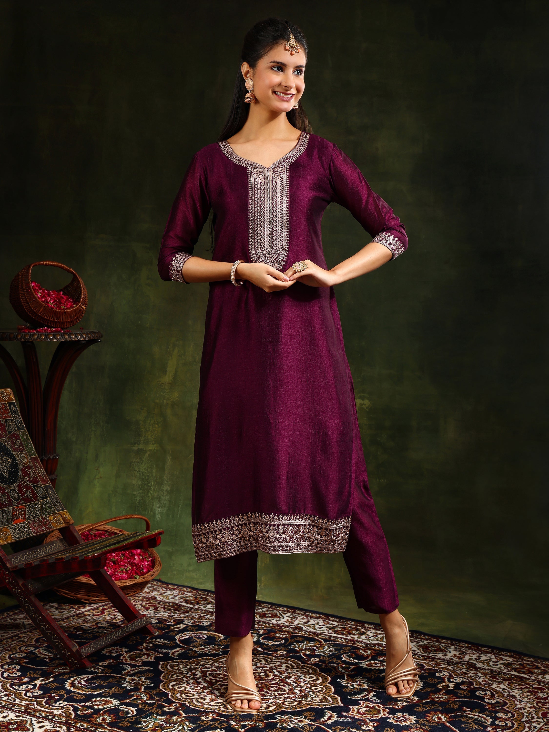 Sequined Embroidered Kurta With Pant & Embroidered Dupatta, Purple - Hiral Fashion - Distacart