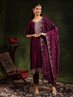 Sequined Embroidered Kurta With Pant & Embroidered Dupatta, Purple - Hiral Fashion - Distacart