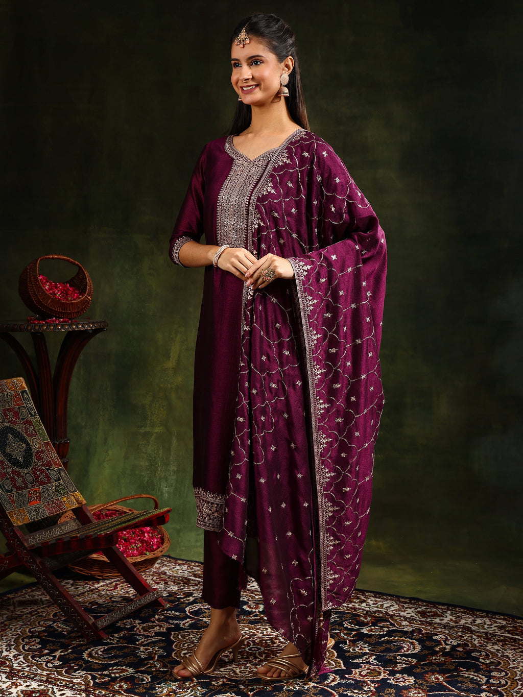 Sequined Embroidered Kurta With Pant & Embroidered Dupatta, Purple - Hiral Fashion - Distacart