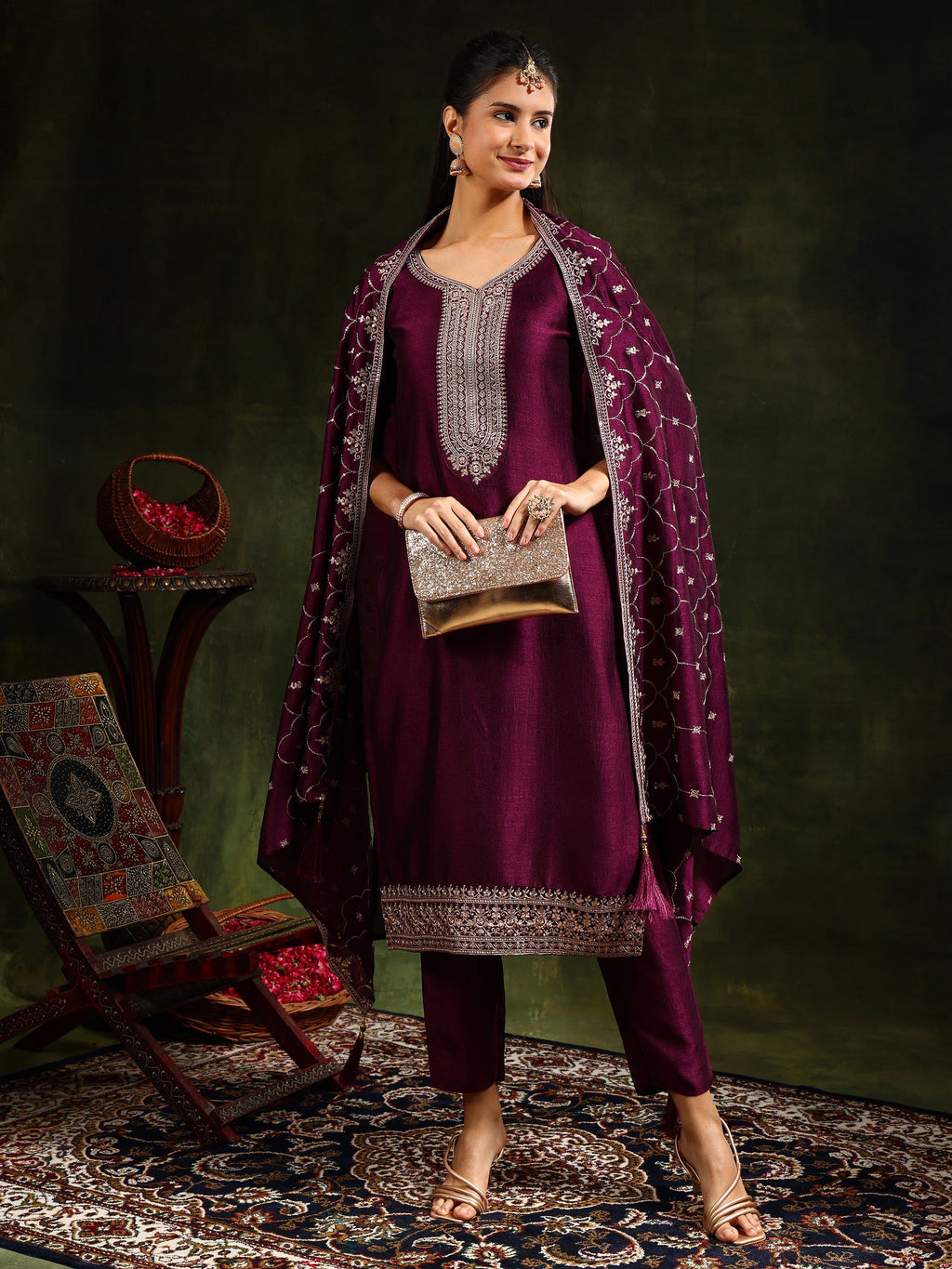 Sequined Embroidered Kurta With Pant & Embroidered Dupatta, Purple - Hiral Fashion - Distacart