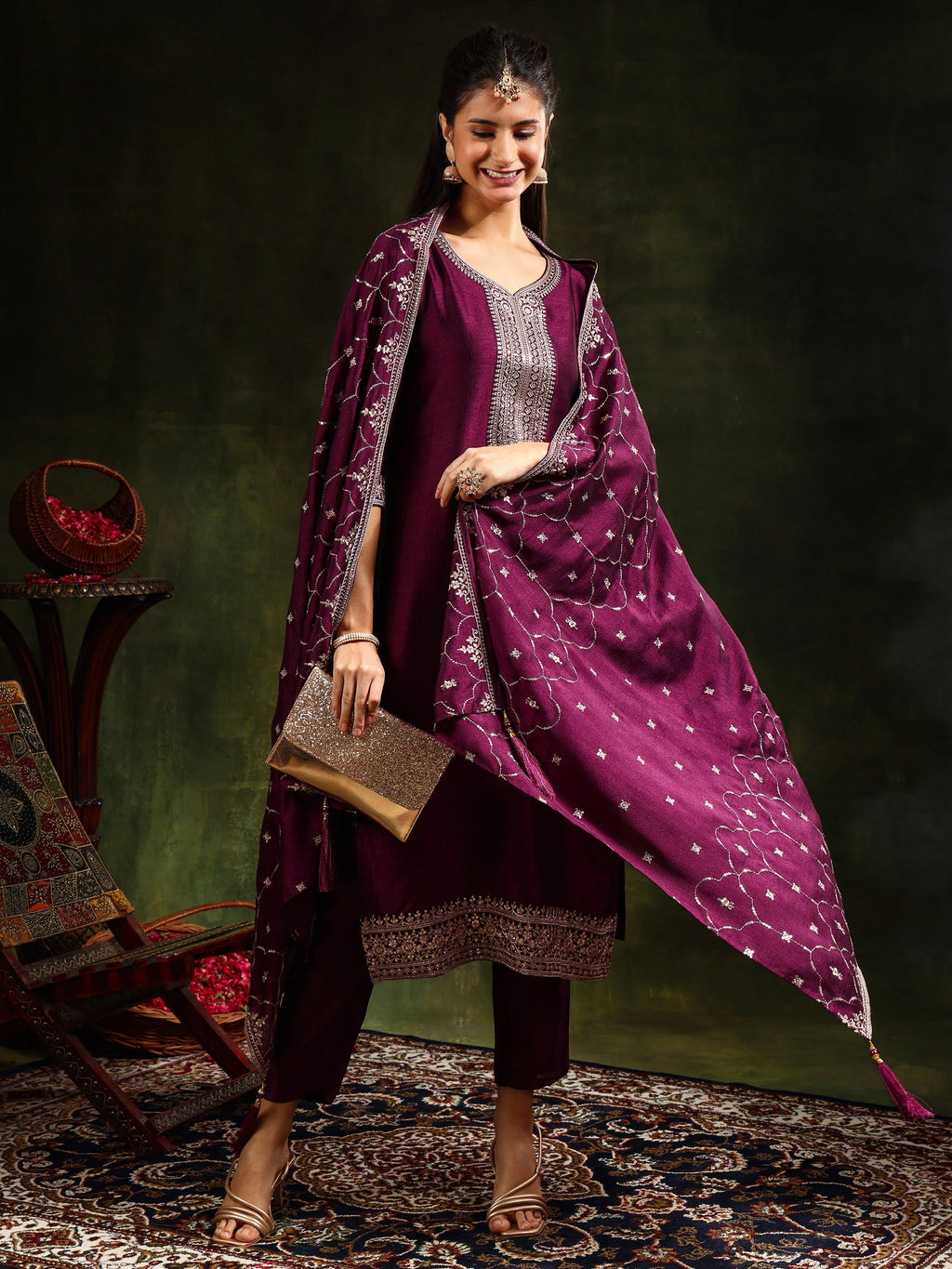 Sequined Embroidered Kurta With Pant & Embroidered Dupatta, Purple - Hiral Fashion - Distacart