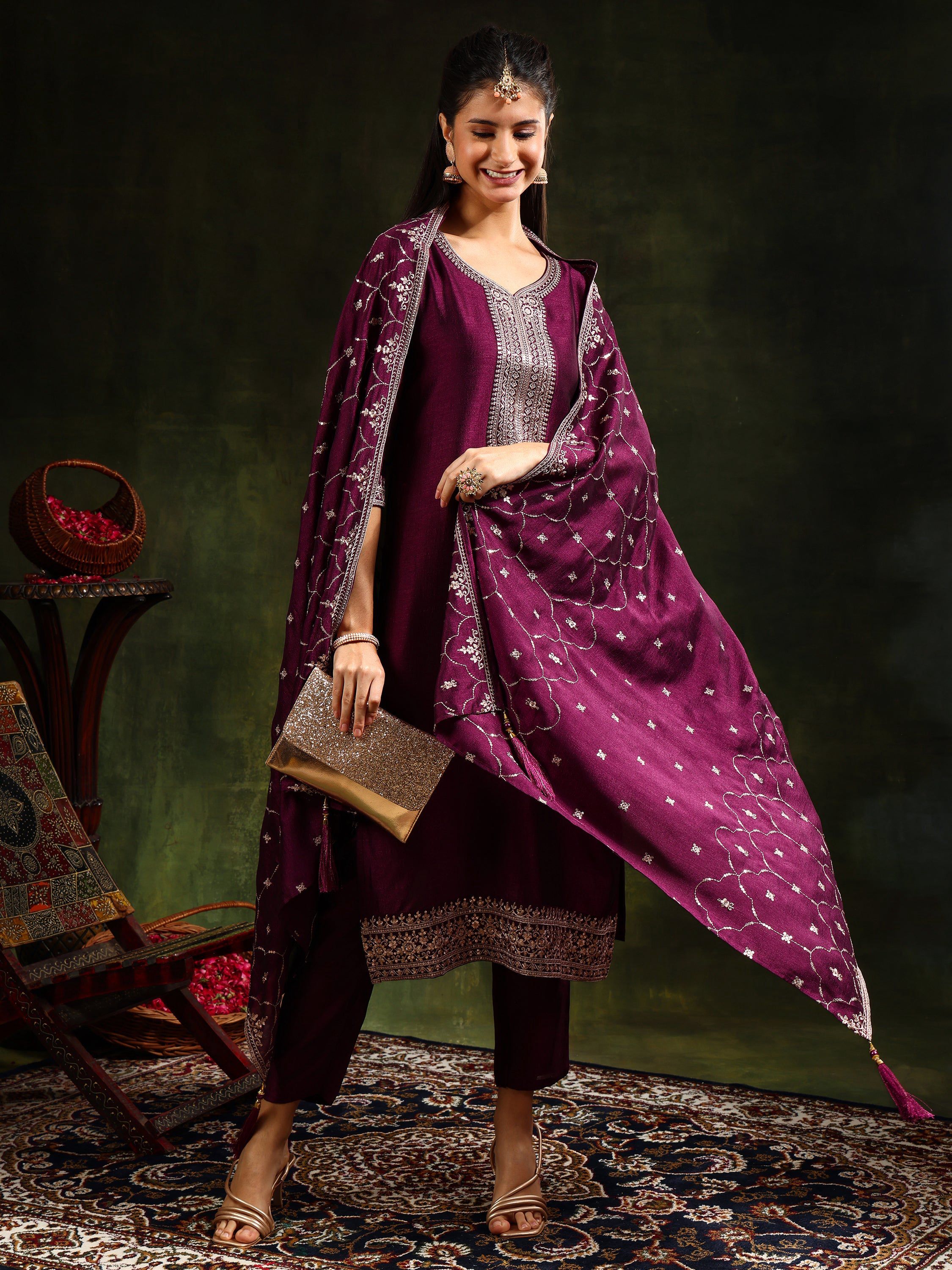 Sequined Embroidered Kurta With Pant & Embroidered Dupatta, Purple - Hiral Fashion - Distacart