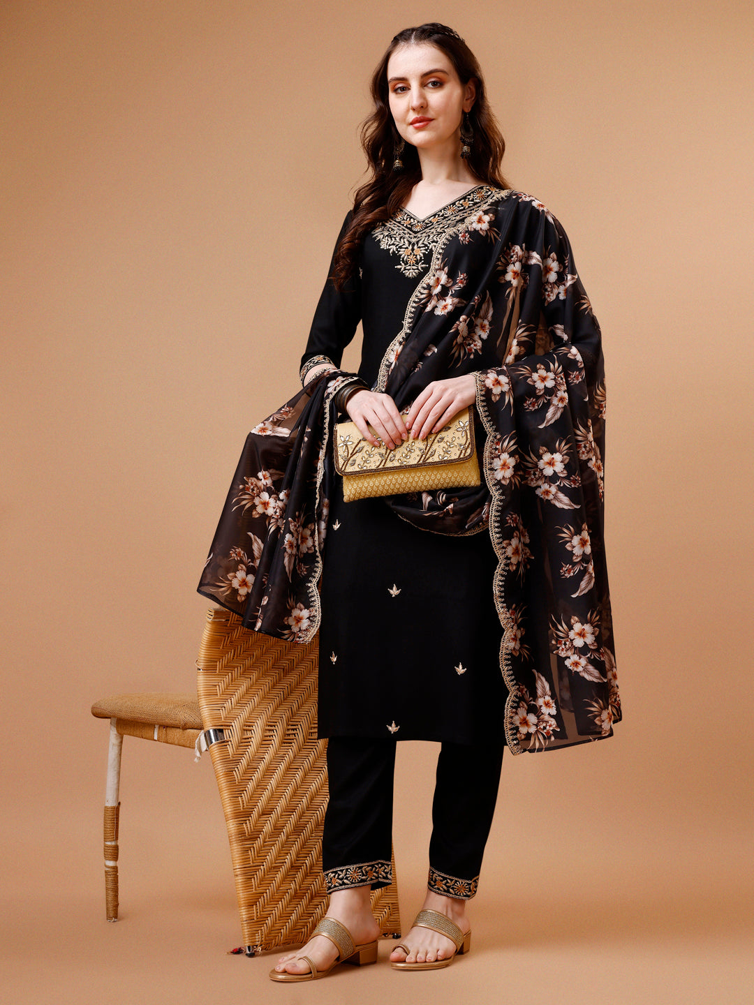 Embroidered Kurta With Pant & Floral Printed Cut Embroidered Work Dupatta Premium, Multicolor - Hiral Fashion - Distacart